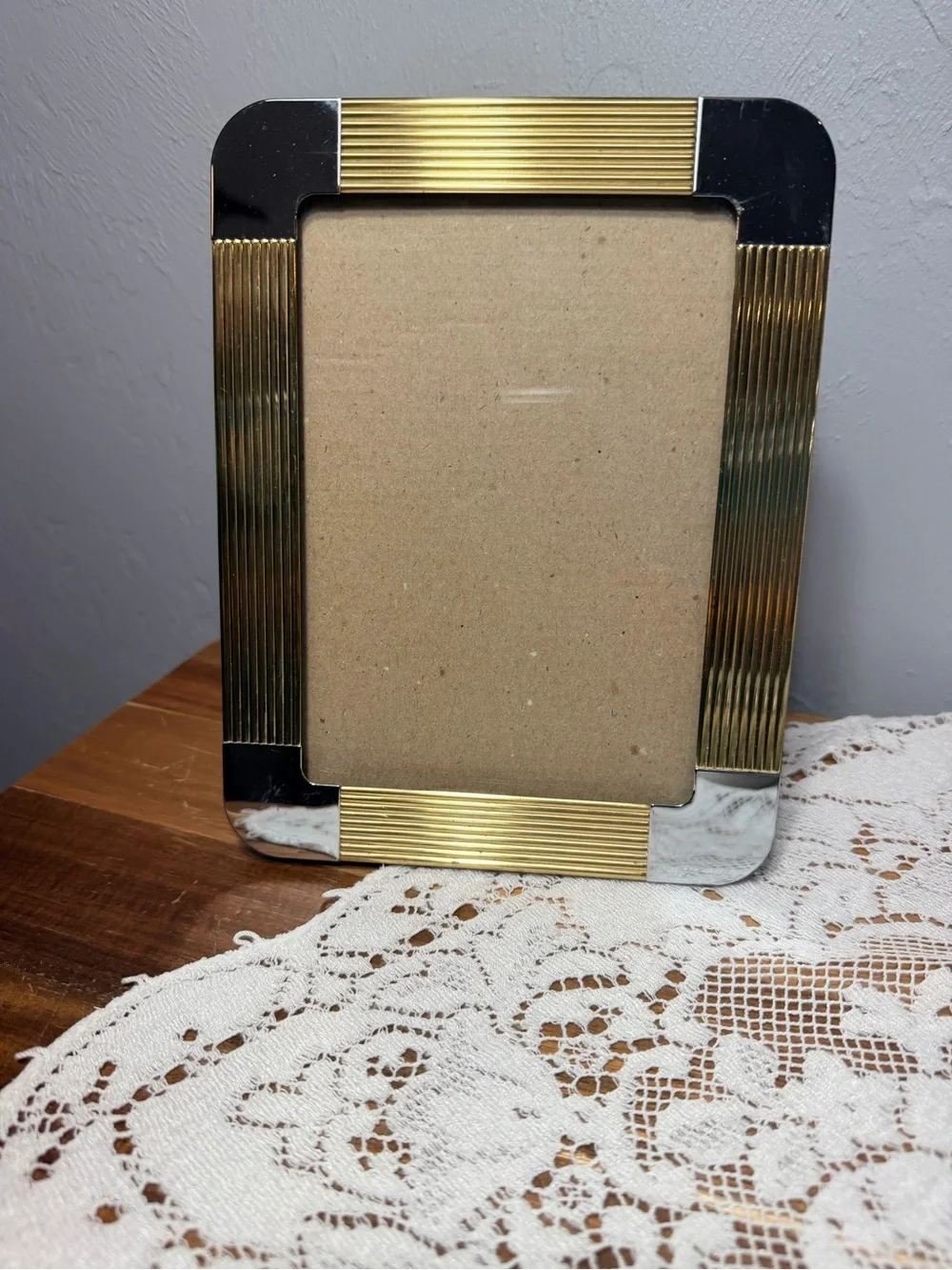 Vintage Art Deco Gold and Silver Ribbed Metal Picture Frame holds 5x7- Unbranded